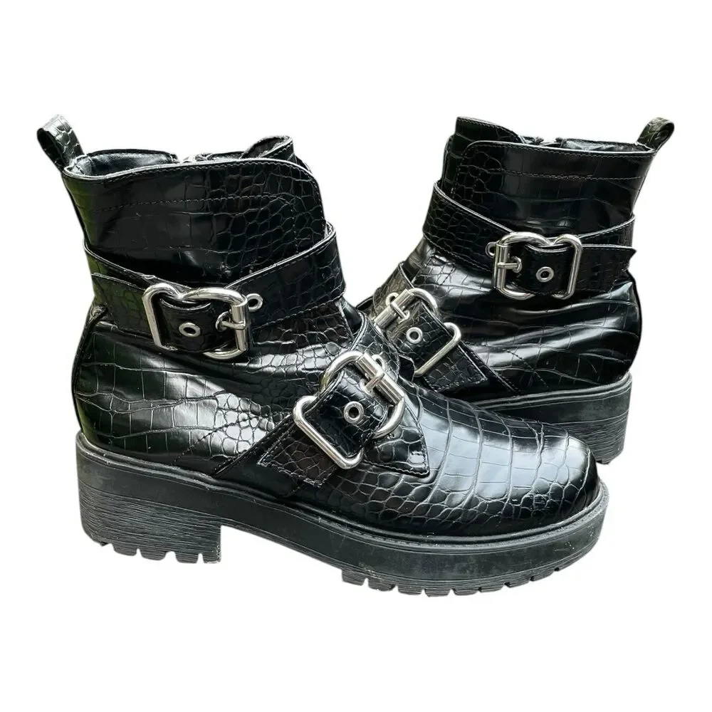 Chunky Moto Goth Punk Rock Aldo Black Patent Mock Croc Combat Boots Size 8.5